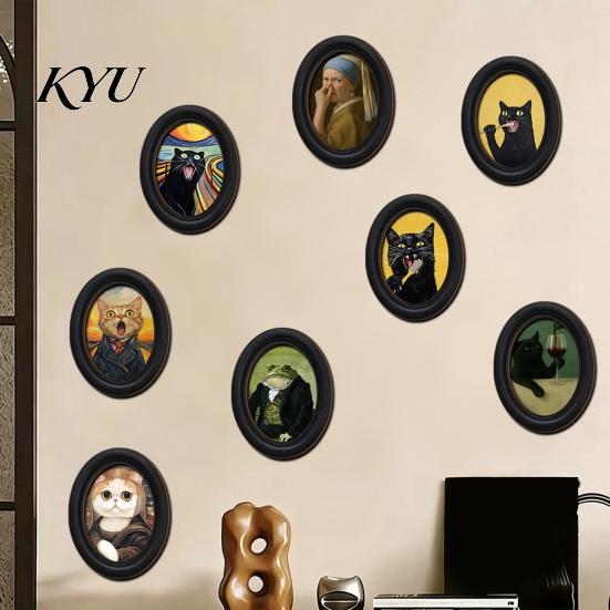 Unique Oval Art Prints Abstract Cat Wall Decor, 2D Wood Framed Funny Painting Modern Decoration Print, Vintage Ornament for Living Room Bedroom