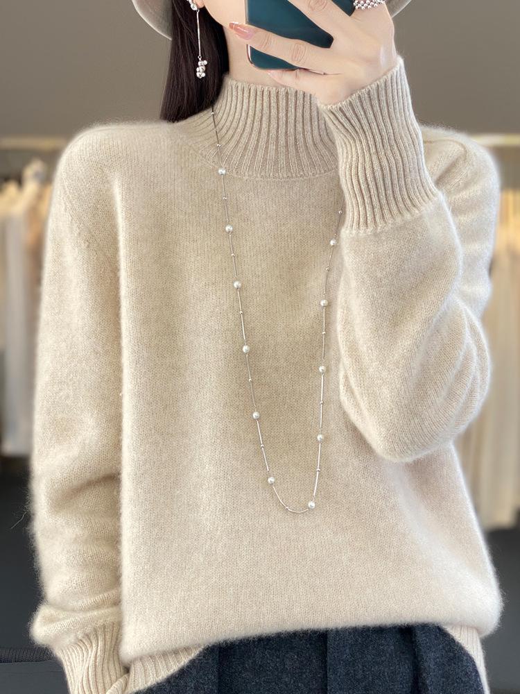 Women's 100% Pure Wool Thickened Long Sleeve Sweater - Zeng Li Style, Half-High Neck, Loose Base Layer for Autumn/Winter 2025
