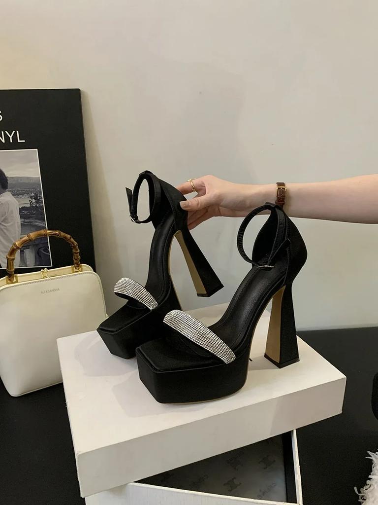 Bling One Word Rhinestone Womens Sandals Sexy Open Toe Square Head Platform Buckle Strap Cover Heeled THick High Club Party Shoe