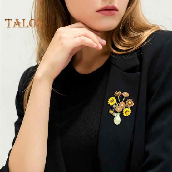 Women Brooch Sunflower Vase Shape Enamel Vintage Anti-slip Suit Coat Collar Hat Scarf Decoration Clothes Pin Prom Party Garment Jewelry