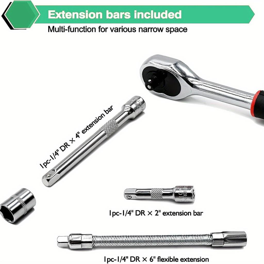 Набор из 46 ключей с храповым механизмом 1/4" с набором головок с битами, удлинителем, карданным ползунком, набор удлинителей головок для ремонта автомобилей и домашнего использования