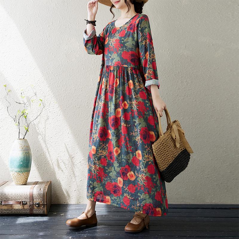 DIMANAF Большой размер Новое женское платье Цветочное Хлопковое Осенний стиль Праздничное Платье с принтом Леди Винтажное Свободное Повседневное Макси-платье 2024