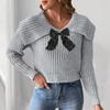 Women's Short Large Collar Butterfly Knot Splicing Pullover Sweater Top