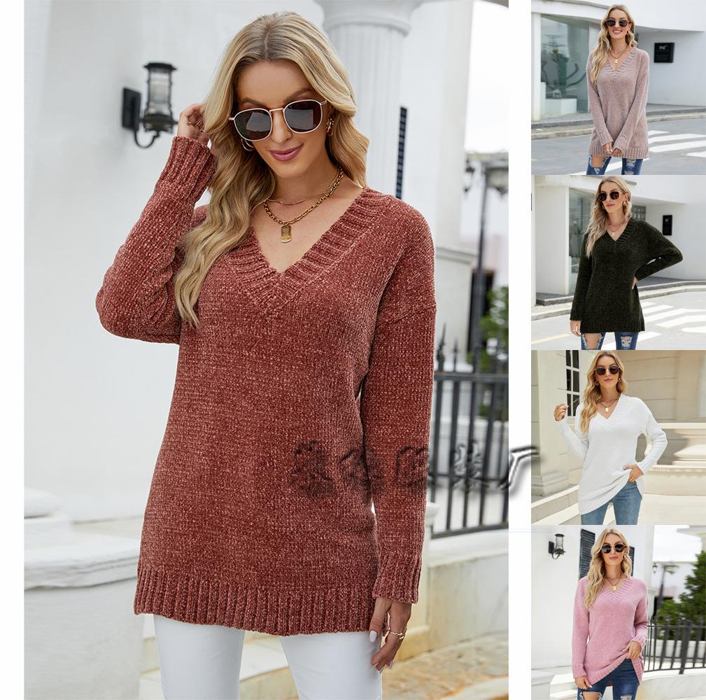 Autumn and winter fashion long-sleeved v-neck knitted loose and loose pullover sweater women