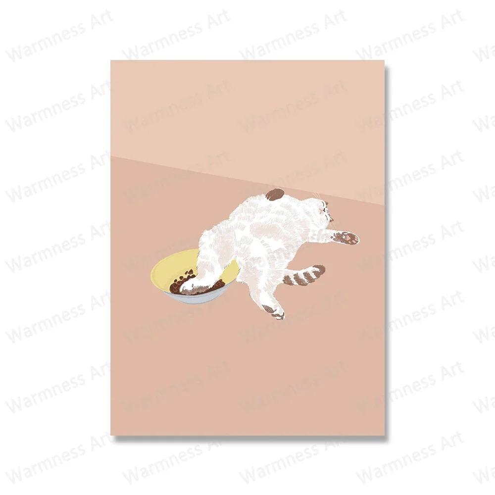Scandinavian Simple Cat Drinking Pizza Wall Art Minimalist Print Canvas Painting Posters for Bedroom Modern Home Decor
