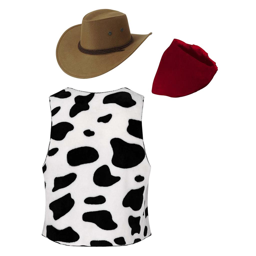 Мужской костюм для косплея в стиле вестерн-ковбоя на Хэллоуин, ковбойская шляпа, фланелевый жилет с принтом коровы и бандана с принтом, костюм-тройка