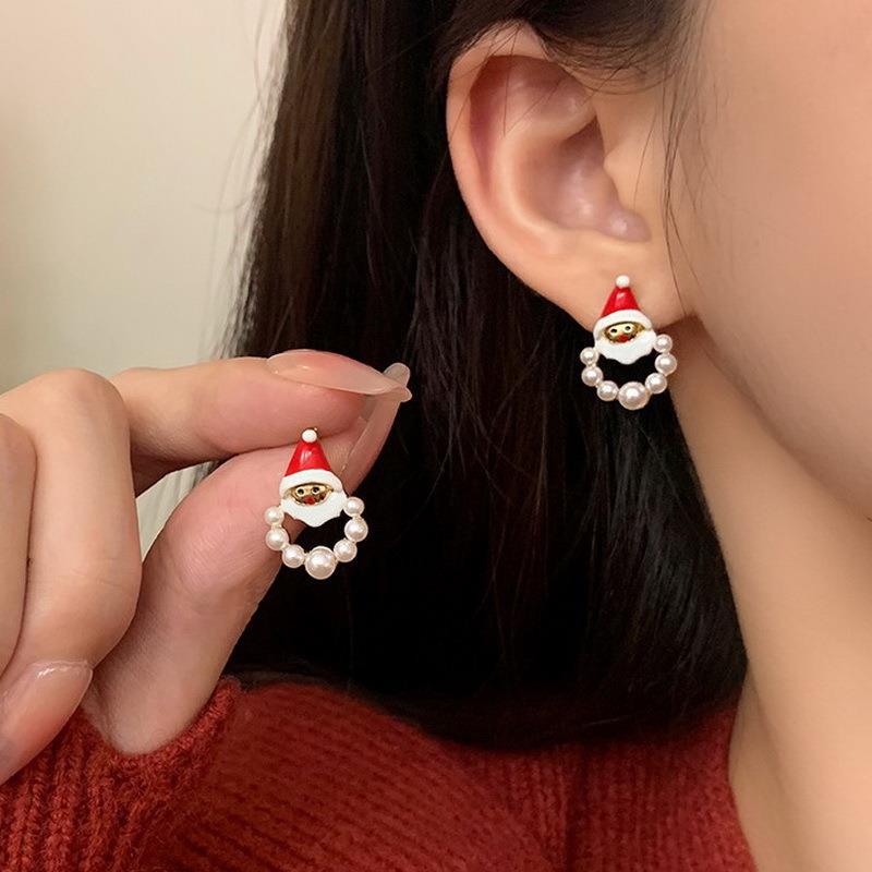 Enamel Santa Claus Min Stud Earrings Female Fashion Sweet Red White Color Geometry Ear Wedding Jewelry Romantic Gift
