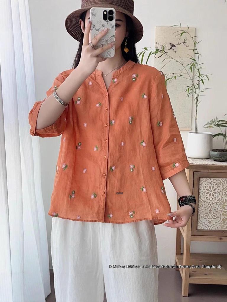Linen Women's Retro Embroidered Stand Collar Shirt - Summer 2026 Short Sleeve