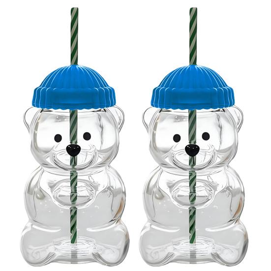2Pcs Bear Shaped Tumbler with Lid & Straw Cute Leak-Proof Cup for Kids Adults Plastic Cold Drink Cup for Smoothie And Iced Coffee