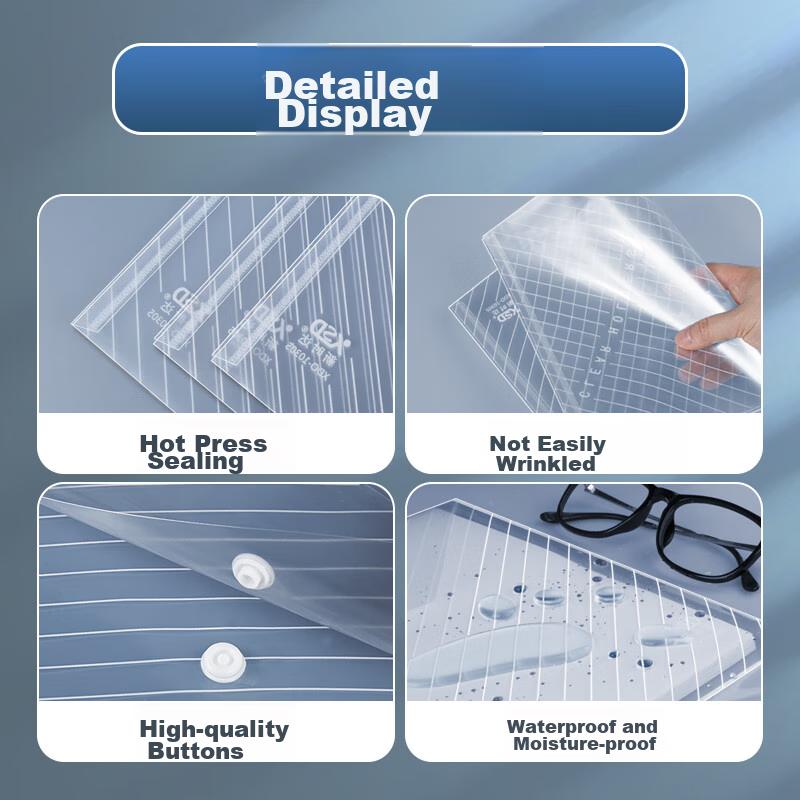 50 Transparent Diagonal A4 Thick File Folders with Button Closure, Plastic Student Exam Paper Document Storage Folders, Hidden Buttons, Waterproof