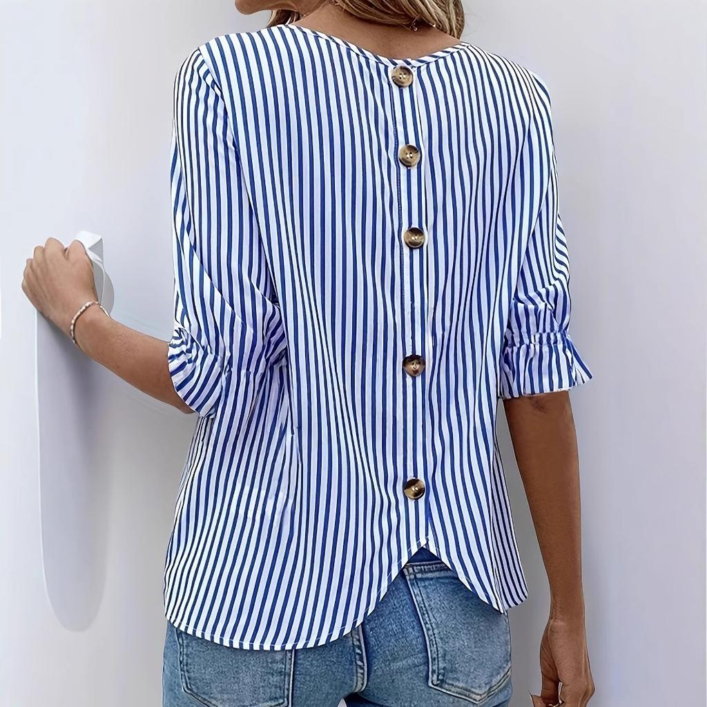 Spring and Summer Lotus Leaf Sleeve Five Quarter Sleeve Top with Back Button Design and Striped Women's Blouses & Shirts