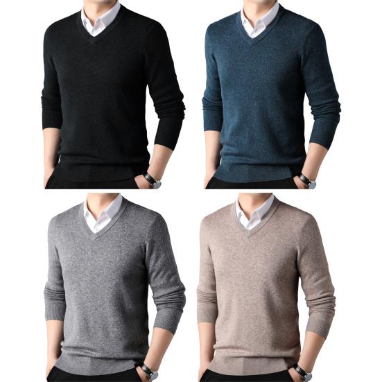 Осень-зима мужской свитер с V-образным вырезом, трикотажный однотонный эластичный пуловер средней длины, формальный деловой стиль, свитер