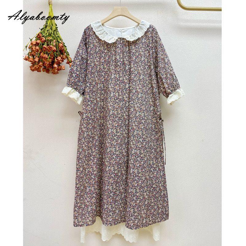 Японское летнее женское свободное платье Mori Girl с воротником Питера Пэна, лоскутное платье с вышивкой, ажурное платье из хлопка и льна, винтажное платье миди