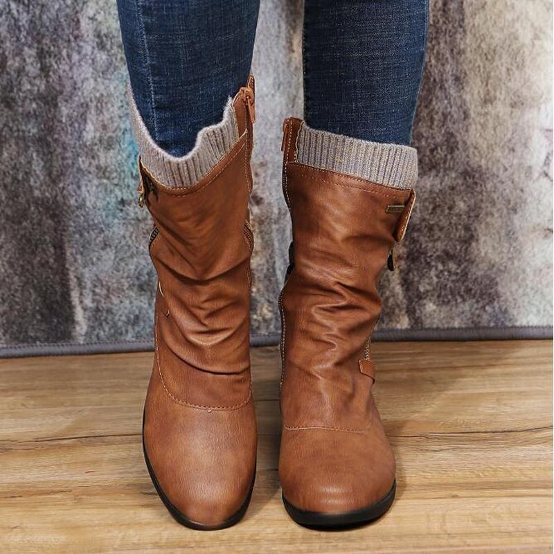 Женские ботинки до середины икры, осенне-зимняя женская повседневная обувь, модная обувь на плоской подошве, на платформе, с круглым носком на молнии, однотонные, большие размеры 35-43