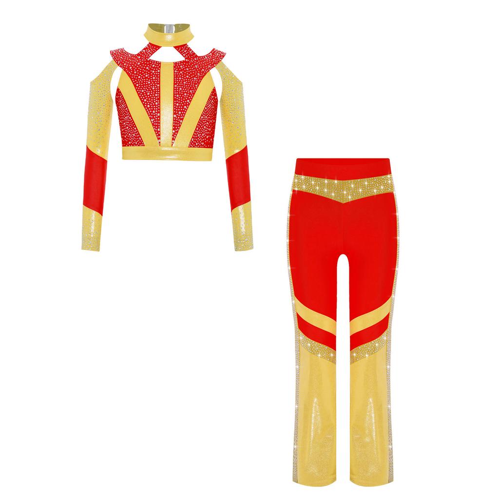 Girls Gymnastics Costume Long Sleeve Shiny Top Rhinestone Color Block Cross Back Flared Pants
