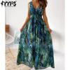 Women's Fashion Summer Spring Flower Pattern Print Sleeveless V-Neck High Waist Casual Dresses