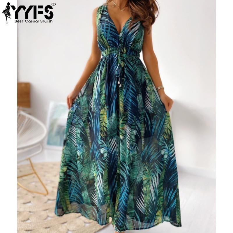 YYFS Women's Fashion Summer Spring Flower Pattern Print Sleeveless V-Neck High Waist Casual Dresses