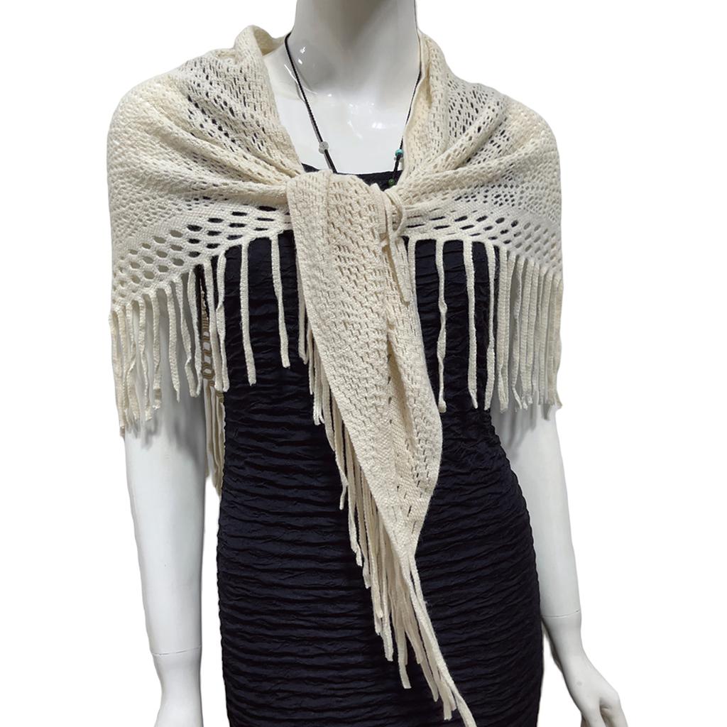 Women's Hollowed Knitted Triangular Scarf Imitation Cashmeres Soft Winter Shawl Wrap Neckerchief Blanket with Fringes