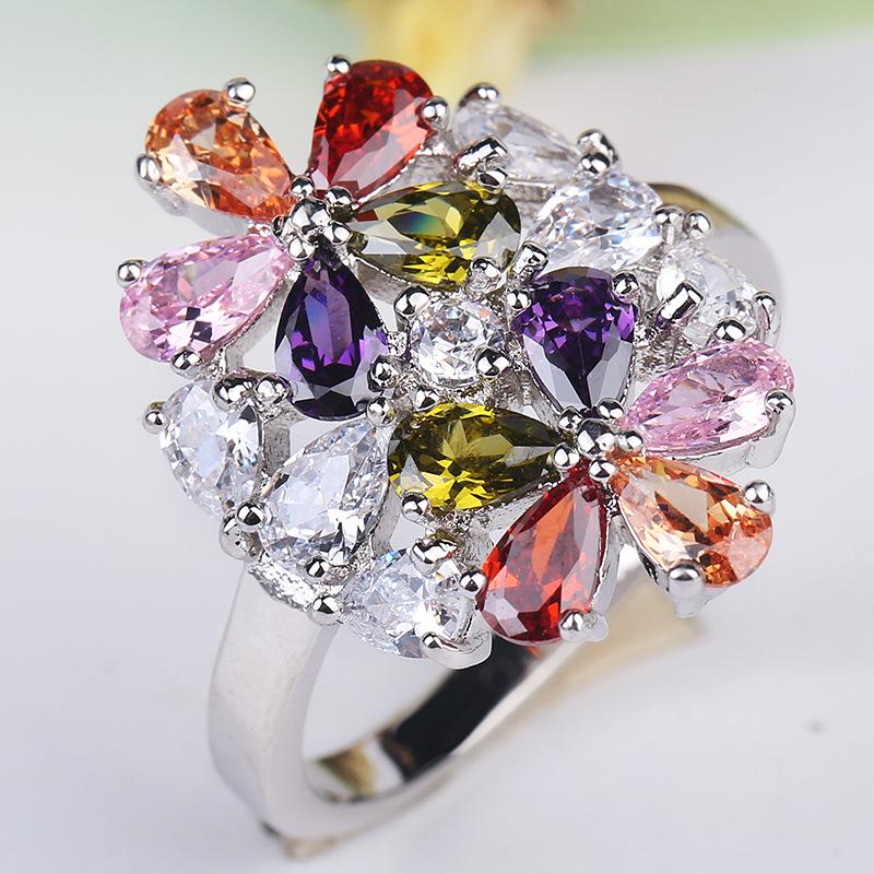 Colorful Twin Flowers Shape Zircon Wedding Ring for Women Silver Color Micro-inlaid Simulation Jewelry Ring Engagement Ring