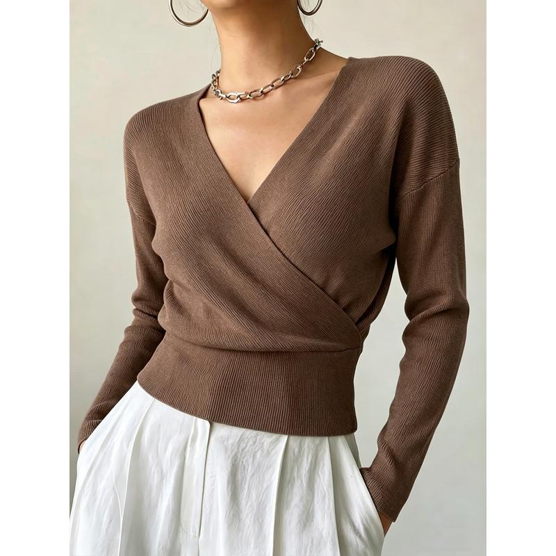 Женский однотонный вязаный свитер с длинным рукавом, стильный, с перекрестным V-образным вырезом, облегающий по фигуре, подчеркивающий силуэт, минималистичная блузка