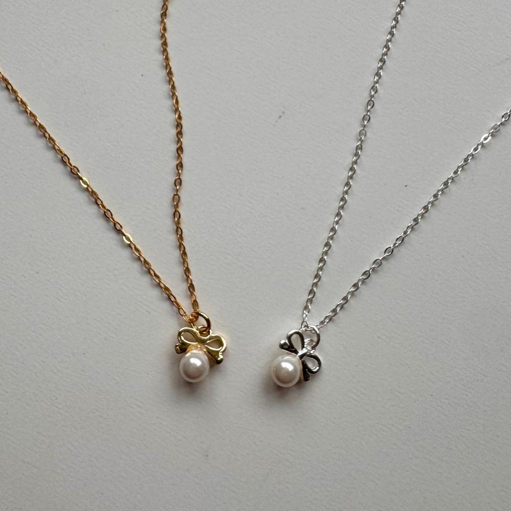 Korean 925 Sterling Silver Bow Simulated Pearl Pendant Necklace for Women Exquisite Cute Party Jewelry
