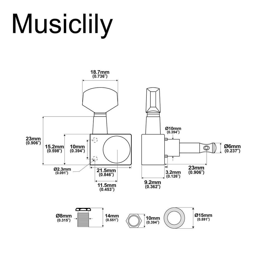 Musiclily Pro guitar tuning pegs for Fender electric 6-in-line 2-pin Stratocaster/Telecaster guitars, black.