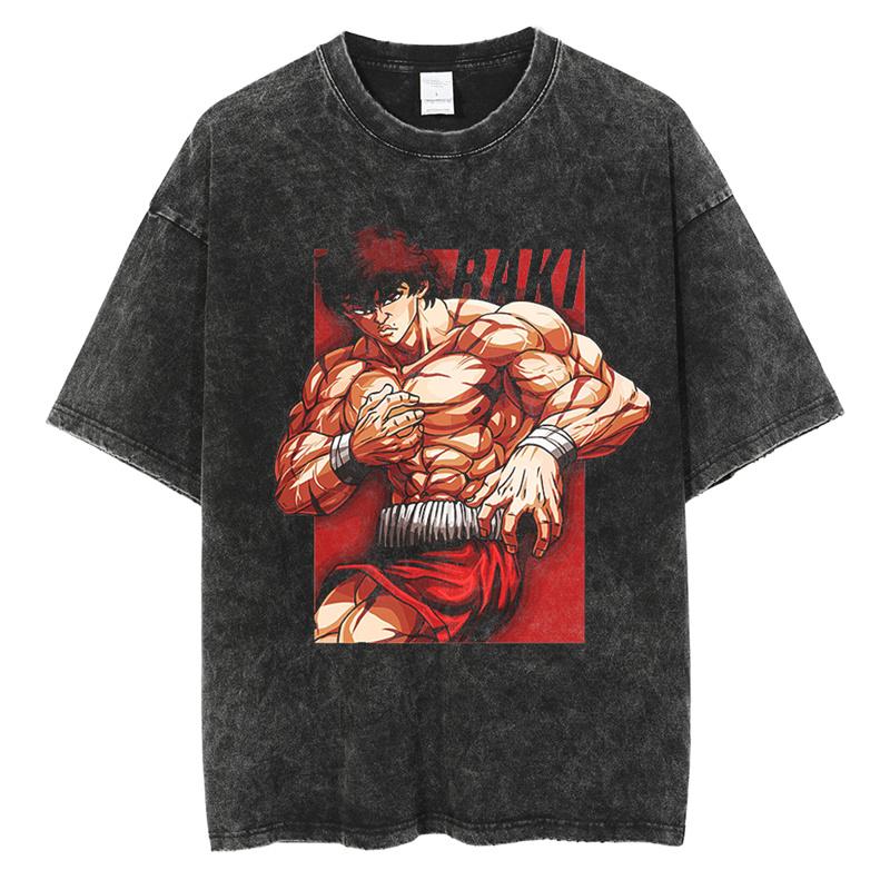 Baki Print Vintage Cotton Tees For Men Women Summer Casual Tshirt Tees Gym Workout Training Short Sleeve Tops Outfits