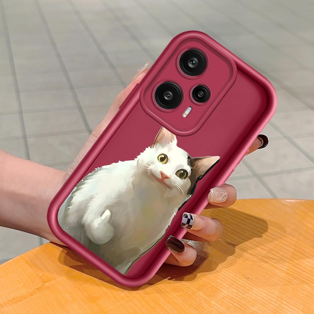 White Cat Pattern Soft Silicone Phone Casing Full Cover Camera Shockproof Protection Rubber Case for Xiaomi Redmi