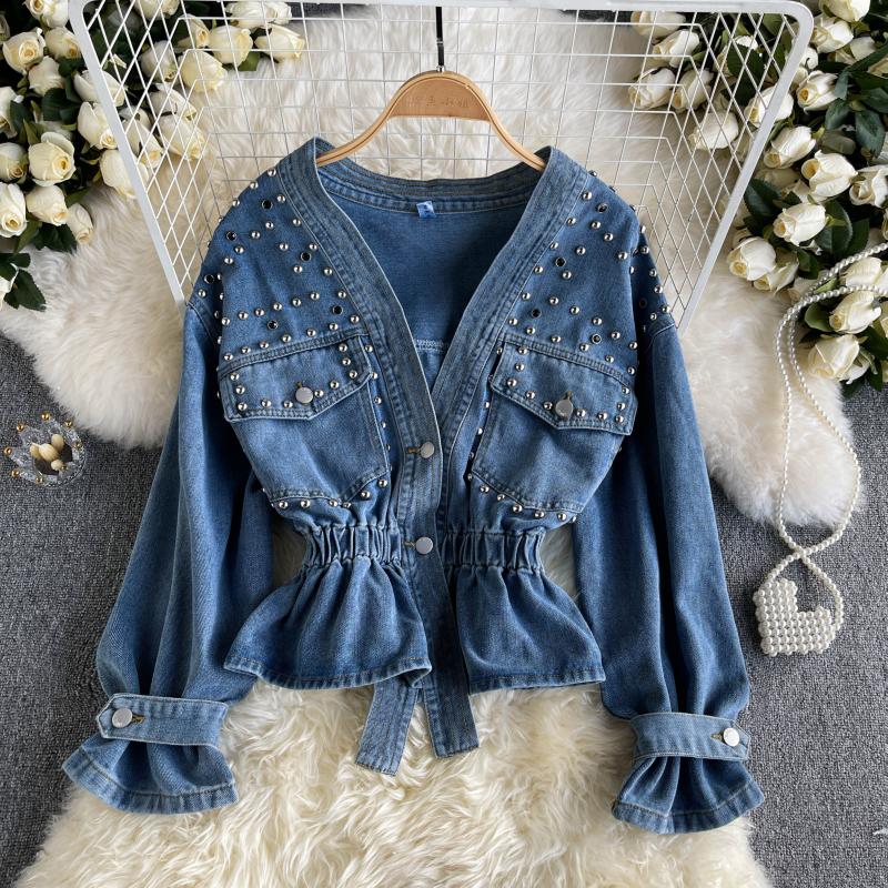 Autumn and Winter Retro Design Sense of the New Loose Short Heavy Riveted Beads Loose Denim Jacket
