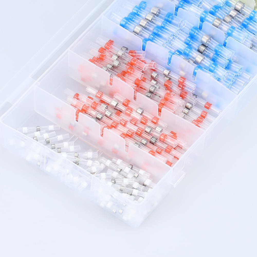 Glvaner Heat Shrink Solder Sleeves, Heat Shrink Tubing, Waterproof Crimp Sleeves, Crimp Sleeves, Solder Seal Wire Connectors, 4 Types, 200 Pieces
