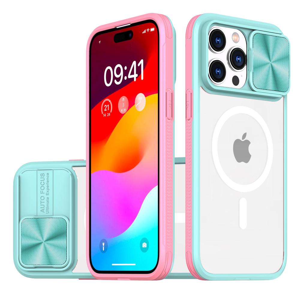 For IPhone 15Pro Mobile Phone Case Magsafe Magnetic Transparent Contrasting Color for Apple 14Plus Charm Sliding Window
