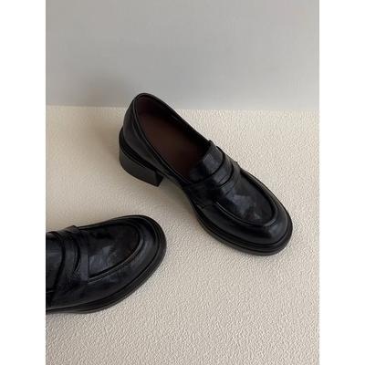 Версия из коровьей кожи~ толстоподошвенные туфли-лодочки черного цвета из маленькой кожи с круглым носком в стиле ретро для работы, с глубоким вырезом и толстым каблуком, одинарные туфли женские