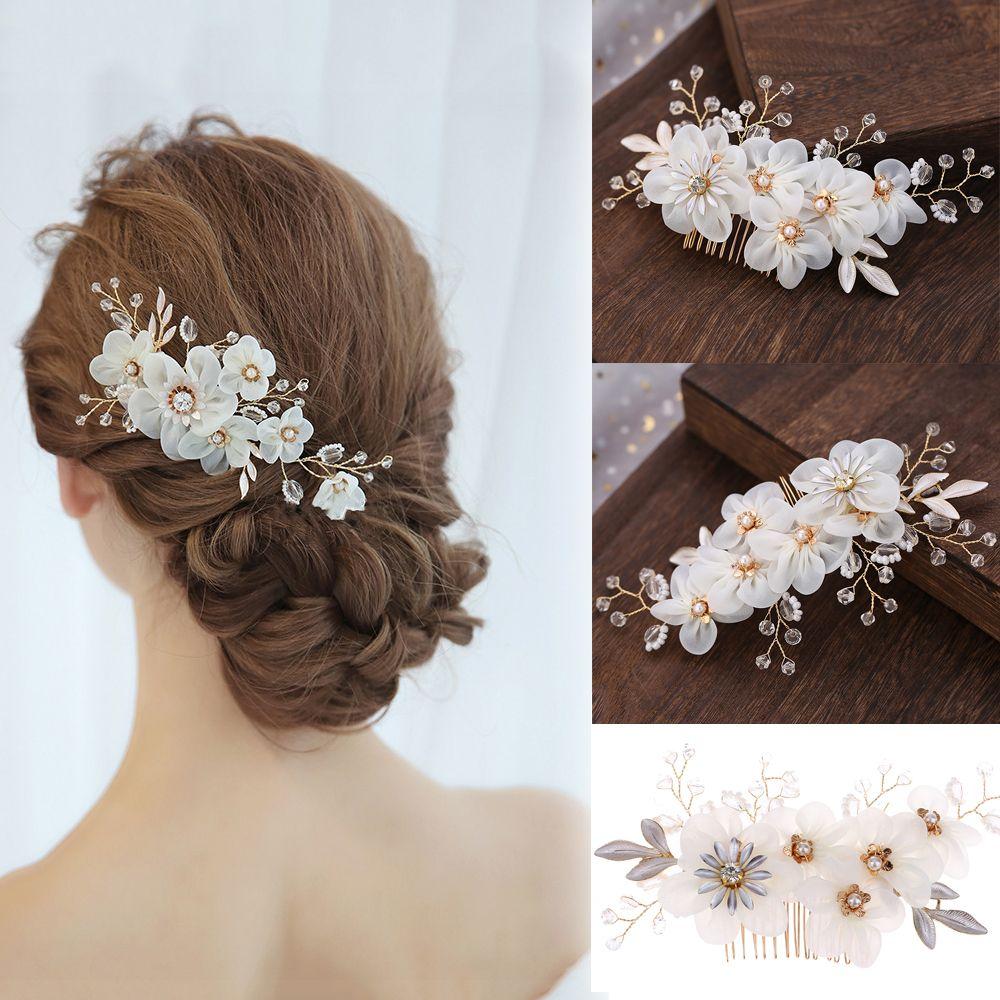Fashion White Flower Pearl Crystal Bridesmaid Tiara Hair Combs Bridal Clips Flower Hair Pin