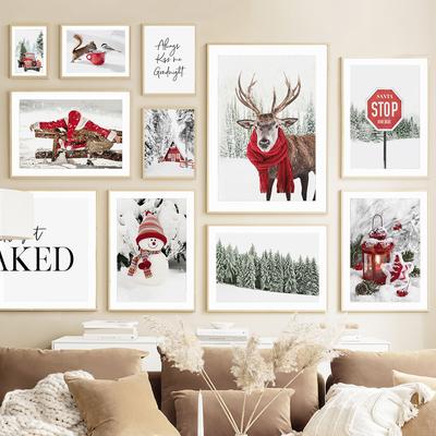 Рождественский Новый год, настенная живопись на холсте, зимняя сосна, Санта-Лось, снеговик, постер и принты, фотографии для дома, гостиной