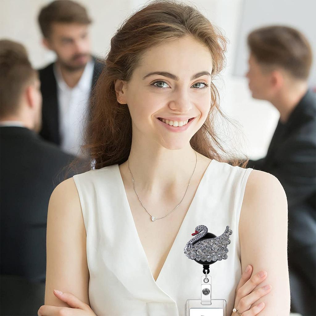 Swan Rhinestone Badge Holder Reliable Swivel Alligator Clip Retractable Badge Reel Convenient Id Holder Reel For Office