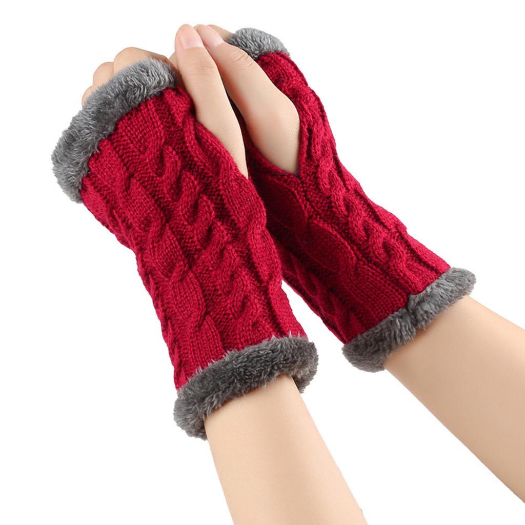 Women's Winter Warm Wool Gloves, Fingerless Twisted Knit Color Short Gloves