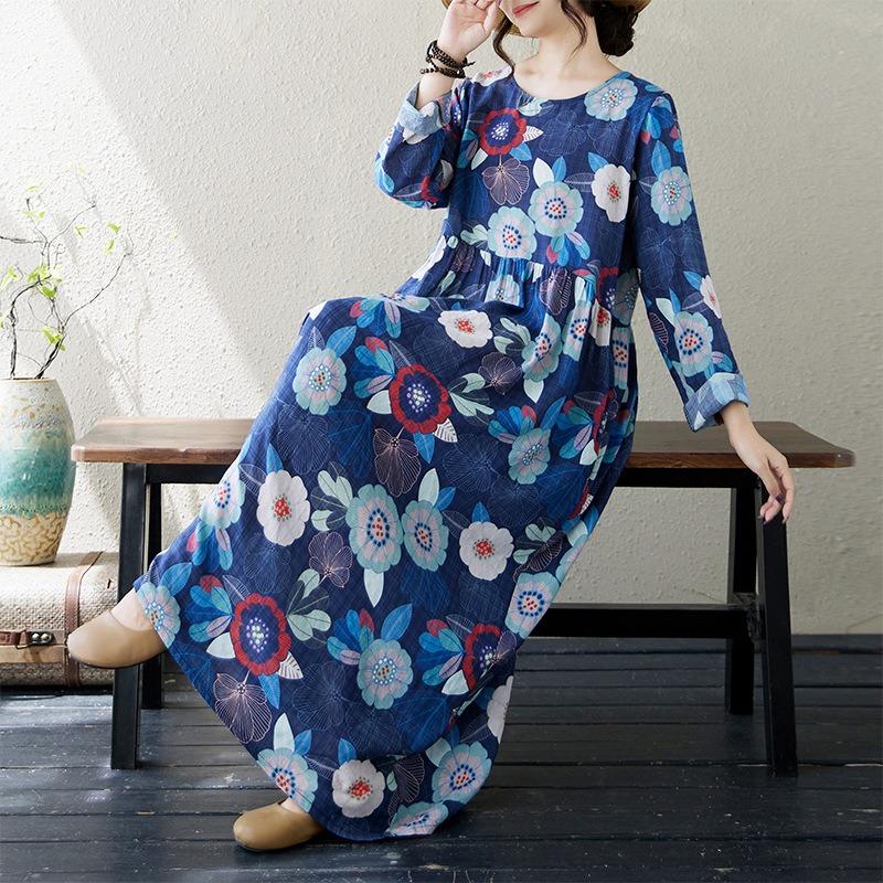Осеннее литературное платье больших размеров из хлопка и льна с принтом, круглым вырезом и длинными рукавами для женщин, платья