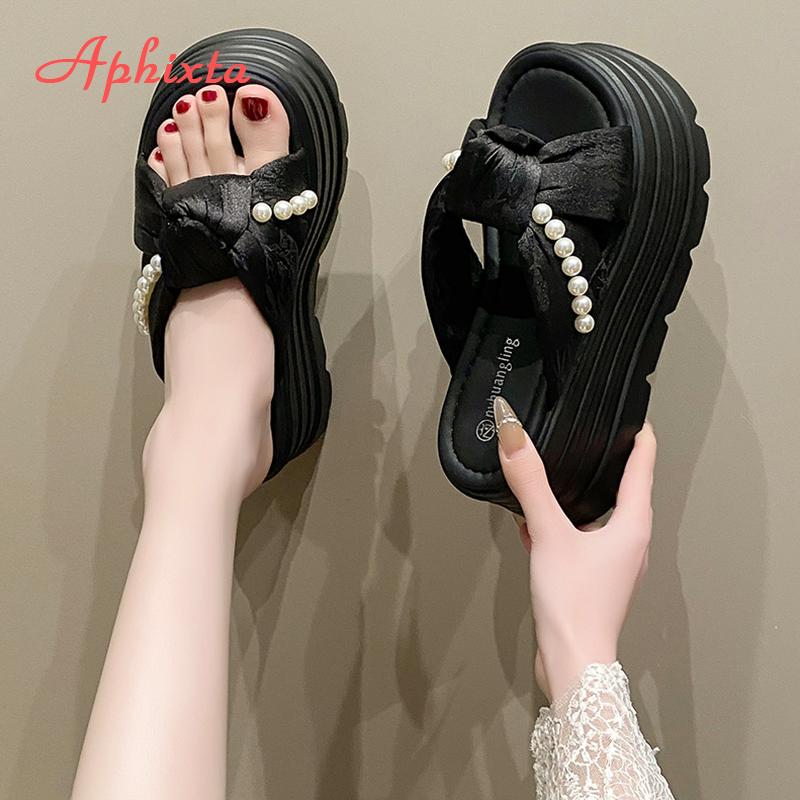 Aphixta Жемчужные сандалии на платформе, шлепанцы на высоком каблуке 8 см, женские шлепанцы, обувь, шлепанцы-клинья, летние пляжные шлепанцы с бусинами