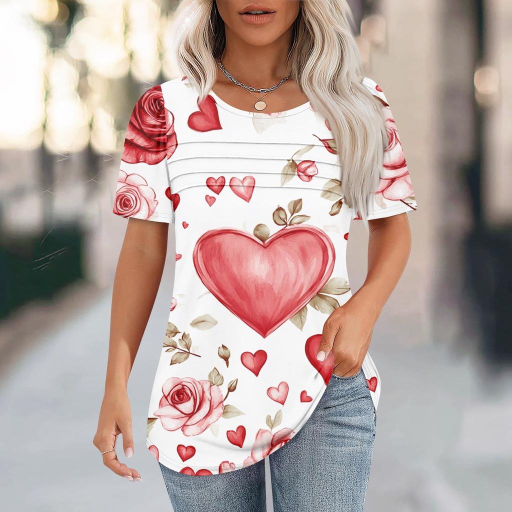 Женский топ с короткими рукавами и круглым вырезом, с принтом в виде сердечек ко Дню святого Валентина, плиссированный