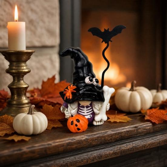 Halloween Gnome Figurine, Small Resin Dwarf Table Decoration, Spooky Pumpkin Bat Skull Gnome Statue for Tiered Tray, Tabletop, Home Decor