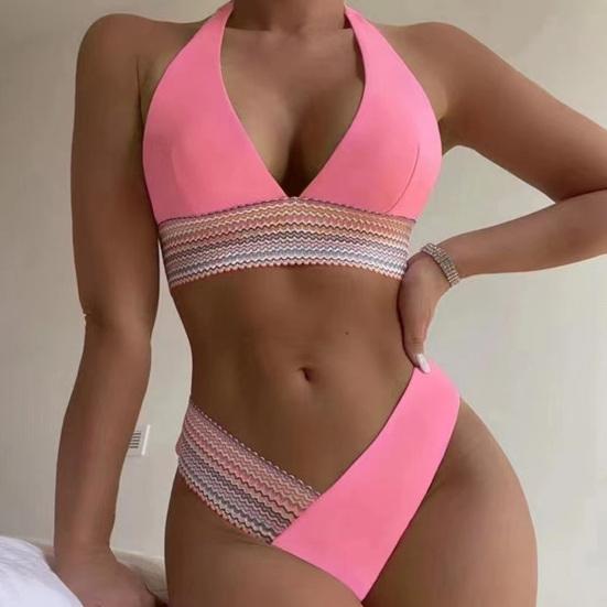 2Pcs/Set Women Summer Bikini Set Halter Backless Bra High Waist Swimming Trunks