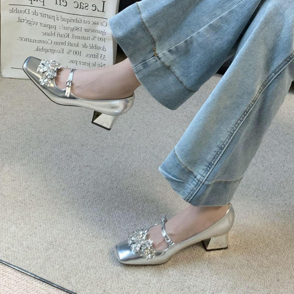 French Rhinestone Premium Sense One Word with Mary Jane Shoes Women's Square Head Thick Heel Medium Heel Light Mouth Single Shoes