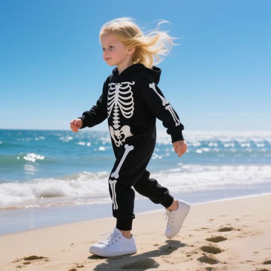 Halloween Costume Luminous Skeleton Print Family Matching Pajamas Hooded Long Sleeve Adults Kids One-Piece