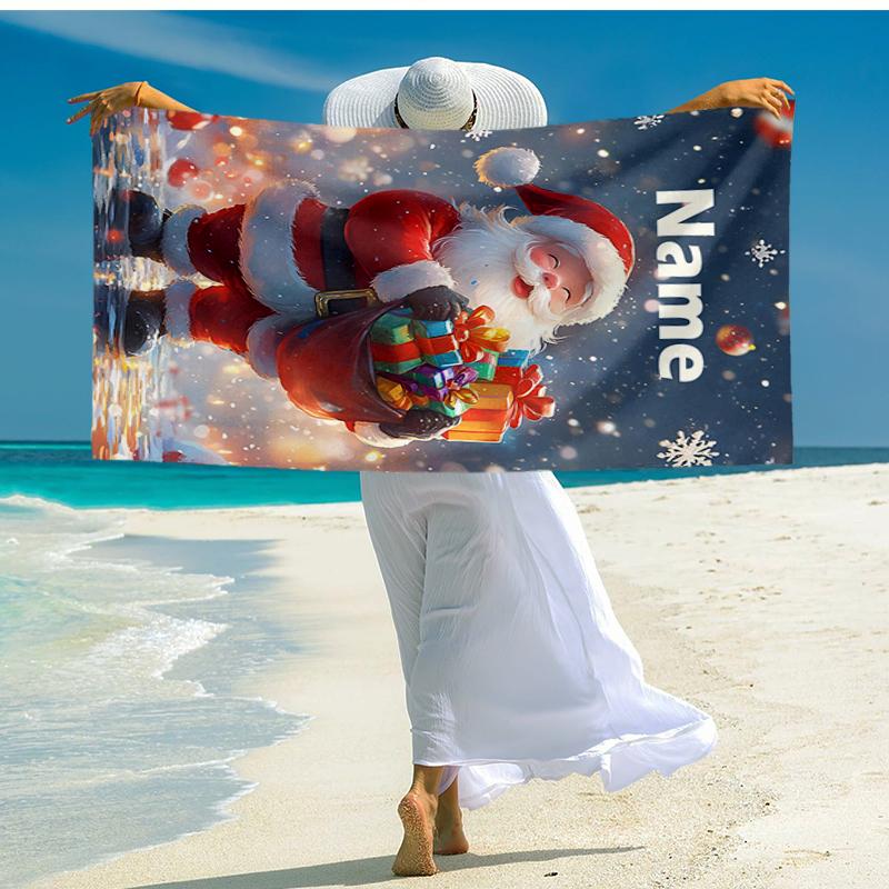 Custom Name Ultra-Soft Beach Towel with Christmas Santa Claus Theme,Ideal for Pool - Camping, Diving - Perfect Travel Essential, Vibrant Beach Towel.