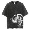 Men's  Black Washed  Anime  Graphic  T-shirt,  Harajuku Streetwear,  Summer  Cotton T-shirt, Short  Sleeve Vintage T-shirt