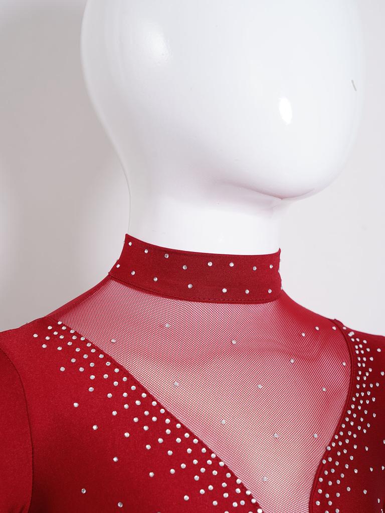 Kid Girls Figure Ice Skating Dress Long Sleeve Irregular Hem Leotard Dress Stage Performance Costume