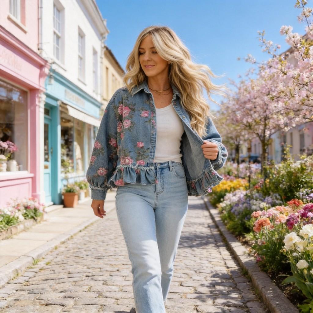 Denim Jacket Women Floral Print Vintage Wash Long Sleeve For Casual Spring Wear