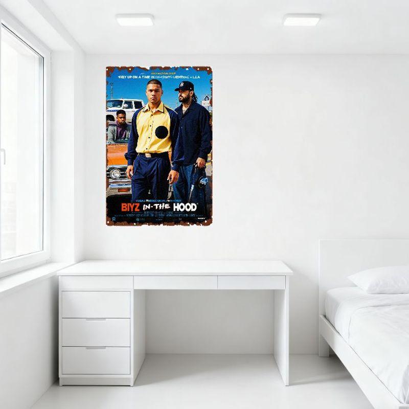 BIYZ IN THE HOOD Vintage Movie Poster Metal Tin Sign, Street Scene with Car & Men, Retro Wall Decor for Bar, Man Cave, Home, Clu