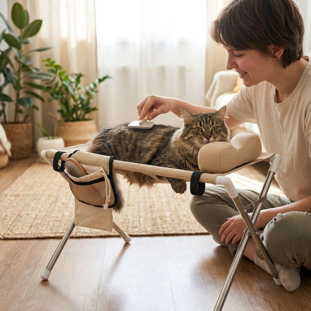 Anti-Tip Folding Pet Grooming Hammock Stainless Steel Frame Cat Nail Trimming Station Household