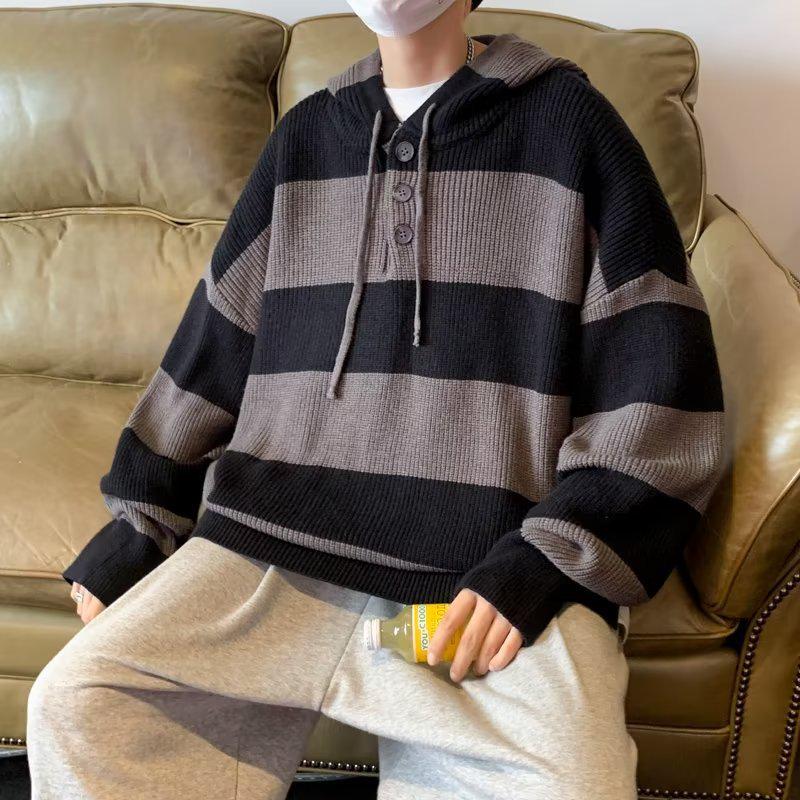 Полосатый свитер с капюшоном 2023 года для мужчин и женщин — свободный, ленивый вязаный топ для осени и зимы
